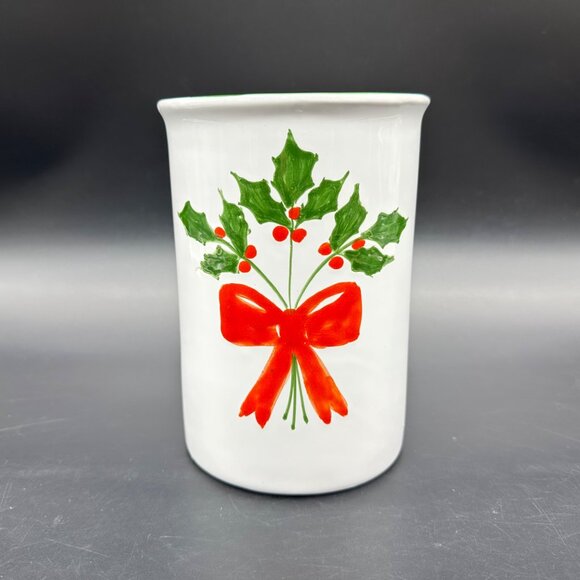 Christmas Holly Utensil Holder Italian Pottery White Red Decoration Italy - Picture 2 of 10